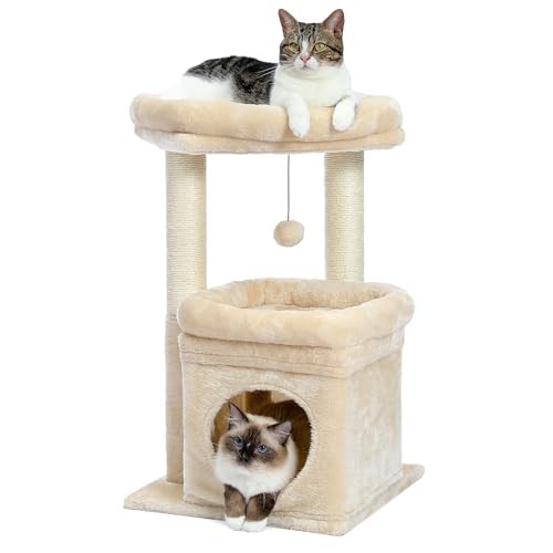 M_ベージュ PAWZ Road キャットタワー ミニ 猫タワー 小型 低い 小さめ 据え置き 人気 爪とぎポール 爪研ぎ 麻紐 猫のおもちゃ コンパクト 省スペース 頑丈 安全 猫ハウス 展望台 - 68cm ベージュ