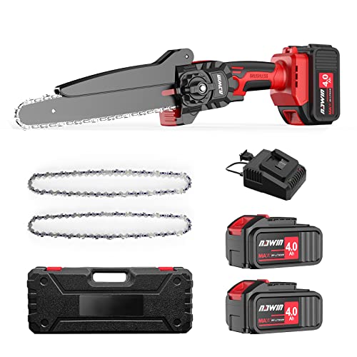 8インチ＆4.0Ah電池 ナウィン 充電式チェーンソー 8インチ ガイドバー200mm 工具レスで調整 4.0AHバッテリー2個付き コードレスチェーンソー チェーンソー充電式 電動ノコギリ ブラシレスモーター 軽量 伐採・枝払い・枝打ち・薪作り・庭木の剪定 取扱説明書 収納ケース (8イの通販は