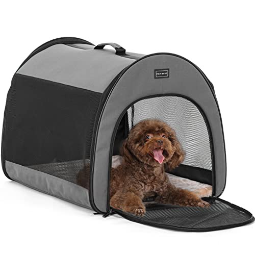 M_グレー Petsfit ペットハウス ソフトクレート 犬 クレート 中型犬 小型犬 猫 ソフトケージ テント 折りたたみ 持ち手付き 軽量 ペットキャリー ペットケージ 屋内 屋外 アウトドア