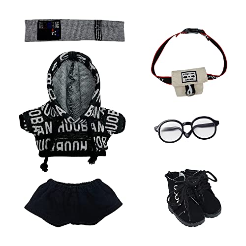 Black_20cm niannyyhouse 20cm ぬいぐるみ 服 ルーズ ヒップホップセット ヘアバンド パーカー ストレッチショートパンツ バックパック メガネ レザーブーツ 着せ替え 綿人形服 (Black， 20cm) 6,454円