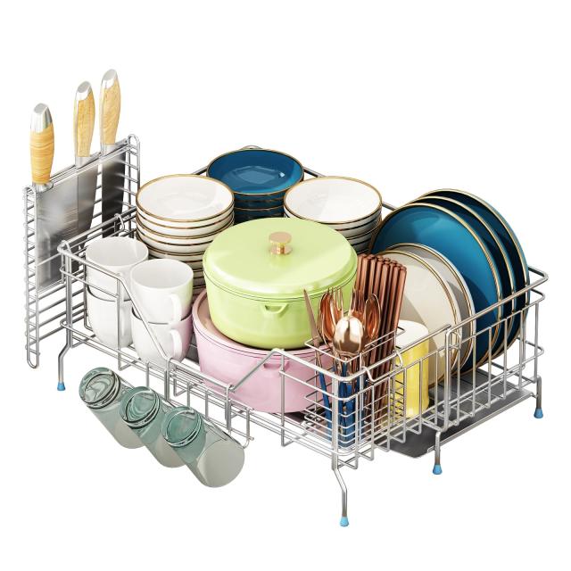 伸縮 1段式(奥行58cm) Kaderron スライド伸縮式 水切りラック 箸置き付き 包丁入れ 3連グラスホルダー 幅21-37cm×奥行58cm 省スペースに置ける 水切りかご ステンレス(SUS304) シンク横 収納ラック キッチン 水切りかご 食器置き場