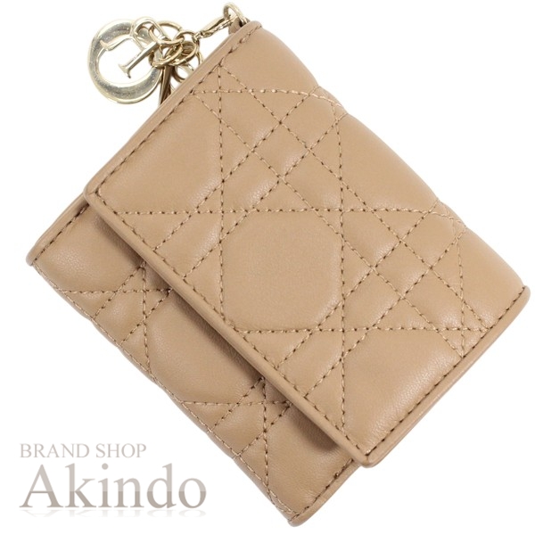 【新品同様】ディオール レディース 三つ折り財布 レディディオール カナージュ ロータスウォレット ミディアムタン ブラウン ゴールド金具 Diorチャーム S0181ONMJ_M53U Christian Dior コンパクトウォレット