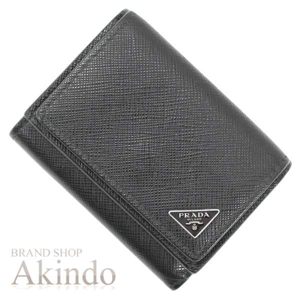 プラダ 三つ折り財布 ミニ コンパクト スモール 黒 ブラック 三角プレート シルバー金具 コインケース 折りたたみ サフィアーノ レザー レディース メンズ PRADA 1MH021 レザー 本革 ミニ財布 3つ折り コンパクト ミニ ウォレット ブランド プレゼント