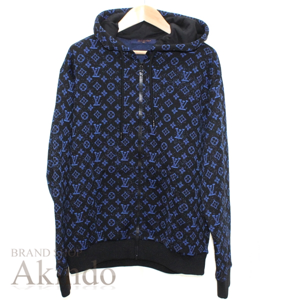 【新品】ルイヴィトン ジップ パーカー モノグラム ジャガード LV柄 黒青 ブラックｘブルー メンズ サイズ：XS LOUIS VUITTON トップス ルイヴィトン パーカー ヴィトン  LOUIS VUITTON Monogram Zip-Through Hoodie