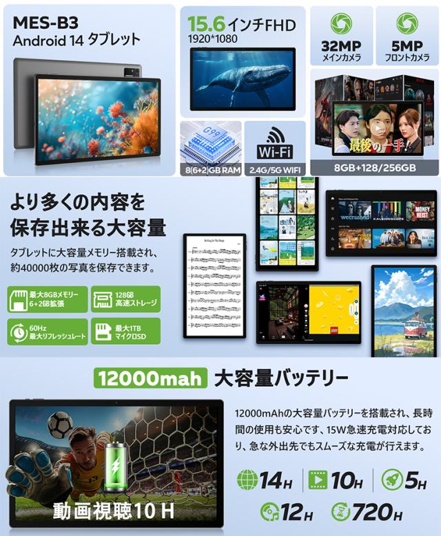 Android 14 タブレット 15.6インチ 大画面 wi-fi モデル 8GB+128GB+1TB