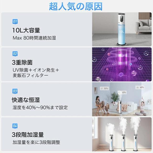 加湿器 10L 大容量 超音波加湿器 大型加湿器 水電分離 UV除菌 卓上 湿度設定 次亜塩素酸水対応 吹出し口360°回転 上から給水