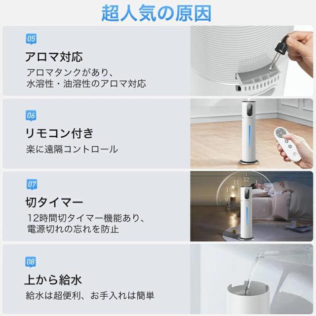 加湿器 10L 大容量 超音波加湿器 大型加湿器 水電分離 UV除菌 卓上 湿度設定 次亜塩素酸水対応 吹出し口360°回転 上から給水