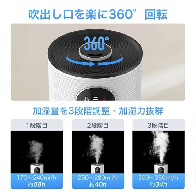 加湿器 10L 大容量 超音波加湿器 大型加湿器 水電分離 UV除菌 卓上 湿度設定 次亜塩素酸水対応 吹出し口360°回転 上から給水