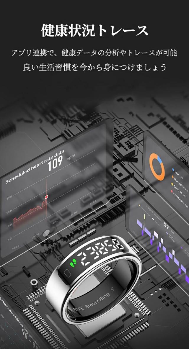 スマートリング 液晶表示 タッチ操作 健康管理 活動量計 睡眠記録 運動記録 血中酸素 防水 生理周期管理 スマート指輪 フィットネス指輪 USB磁気充電 iPhone/Android対応 男女兼用_8