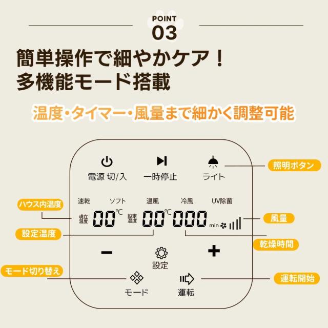 80Lペットドライルーム ドライヤー 猫 5種類モード ペットハウス ドライヤー ボックス ハウス 猫 犬 ペット乾燥機 犬乾燥機 ヘアドライヤー ブローボックス 静音 持ち運び 温度調節 UV消毒 加熱防止_9