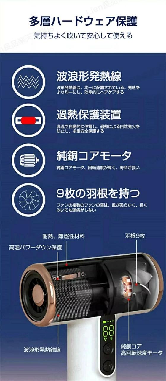 ドライヤー キャンプ ドライヤー 充電式 ドライヤー 大風量 コートレス 速乾 イオンドライヤー 速乾ドライヤー コンパクト スピーディ ハイパワー ヘアケア 軽量 イオン サロン 静電気除去 低騒音 髪質改善 母の日_6