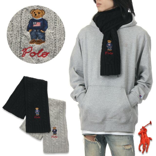ラルフローレン マフラー メンズ レディース キッズ ポロベアー POLO RALPH LAUREN Recyecled Cable Bear Scarf ベア 熊 ウール ロング ユニセックス アメカジ 刺繍 暖かい ブランド ファッション プレゼント 男性 女性 ビジネス 高校生 通勤 通学 黒 グレー