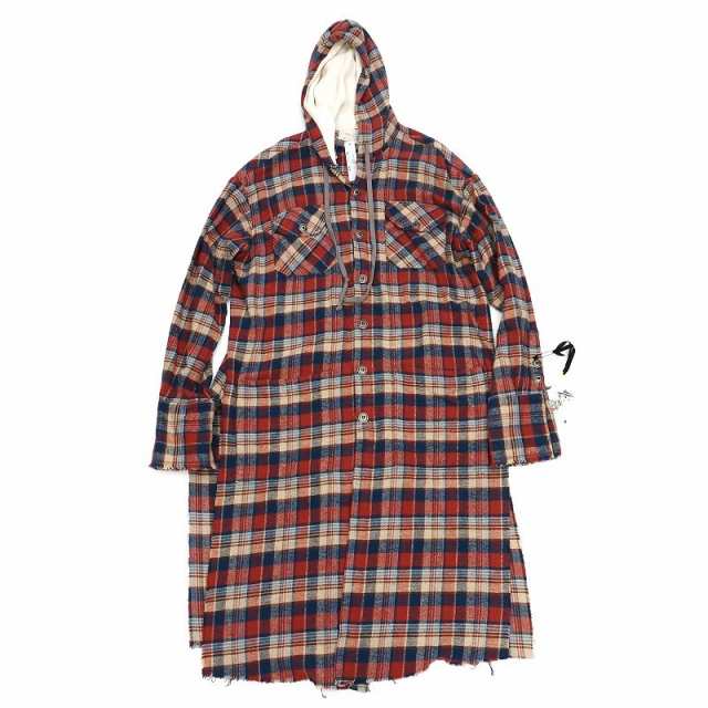 新品 GREG LAUREN フーデッド フランネルシャツ コート 【サイズ：2】 ブルー×レッド LONG HOODED BOXY STUDIO グレッグローレン メンズ