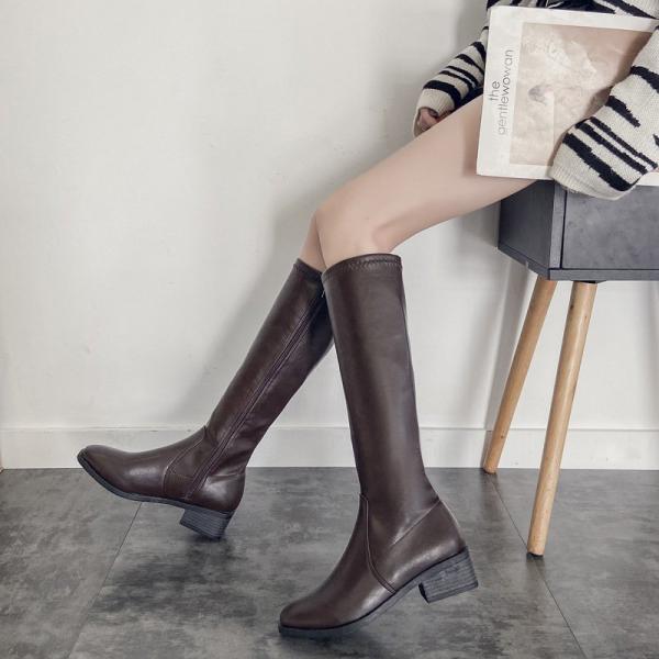 ロングブーツ レディース 革 歩きやすい 美脚 レザー ローヒール 茶色
