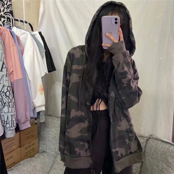 ロングパーカー パーカー フード付き 迷彩柄 カモ柄 レディース フリンジ 体型カバー アウター リベット 無地 大きいサイズ ポケット付き ジップアップパーカー レディース 長袖 迷彩柄 カモフラ?サメ柄