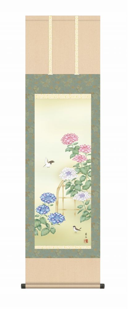 掛軸・巧芸画】高見蘭石 紫陽花 幅44.5×高さ約164cm 洛彩緞子本表装の