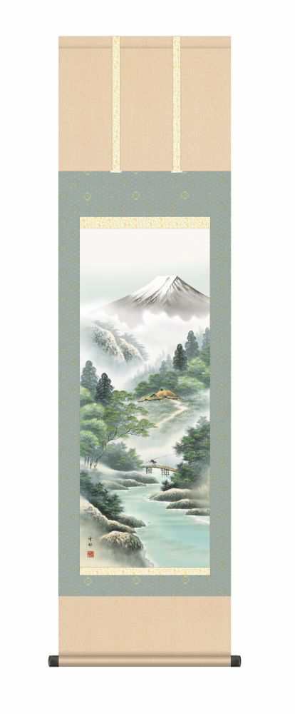 掛軸・巧芸画】中山雪邨 涼風富峰 幅44.5×高さ約164cm 洛彩緞子本表装