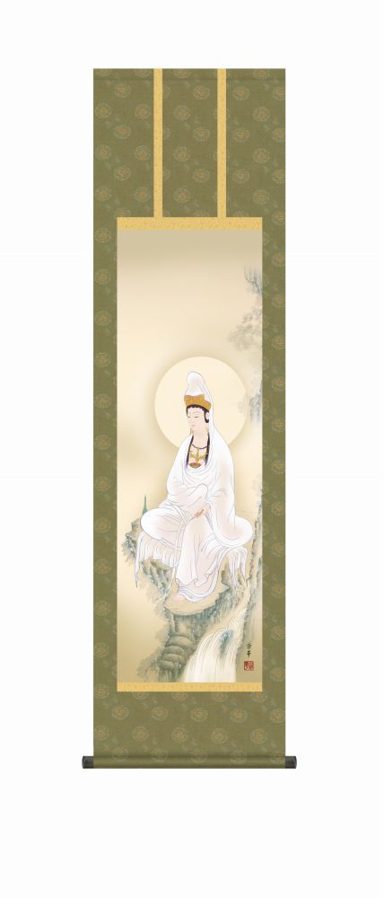 掛軸・巧芸画】大森宗華 岩上観音 幅44.5×高さ約164cm 洛彩緞子丸表装