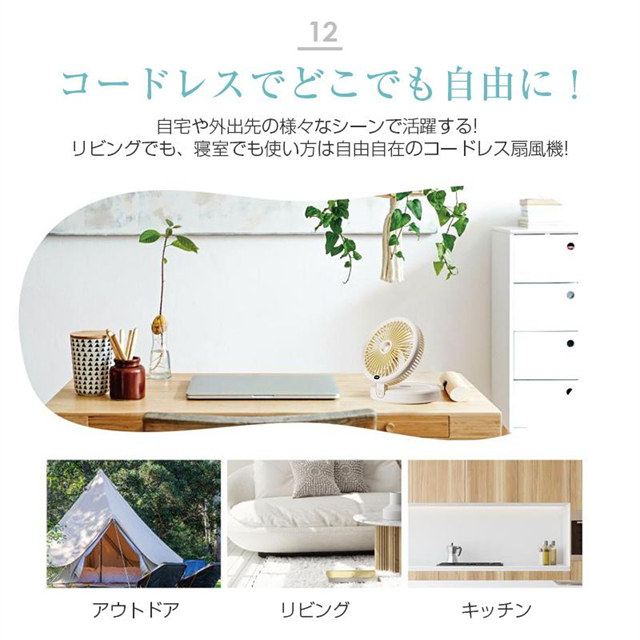 扇風機 多機能 デスクランプ ファン 卓上 壁掛け 2WAY仕様 5枚羽根 6段階風量調節 小型 シールフック付き 折りたたみ式 LEDライト 3段階明るさ調節 残電量表示_18