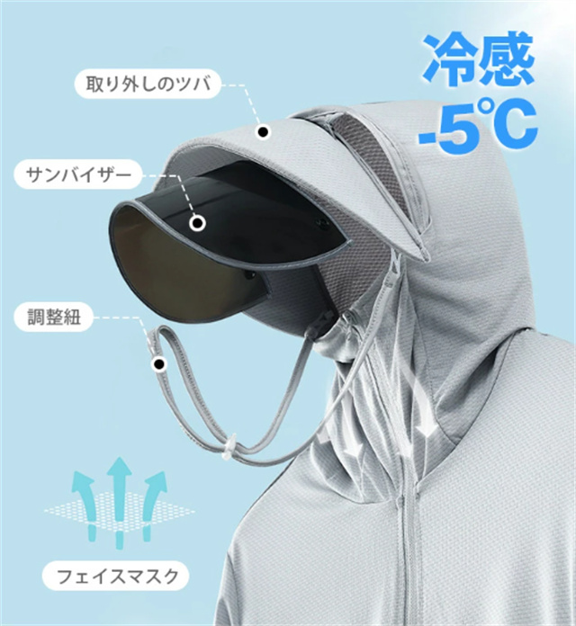 UV パーカー 冷感 -7℃ レディース 長袖 ラッシュガード UVカット アウター  メッシュ 素材 通気口 指穴 つば 取り外し 顎紐 サンバイザー 日焼け防止 服 大きいサイズ トップス 体型カバー 薄手 吸湿 速乾 シャリ感 紫外線対策  M-4XL　男女兼用