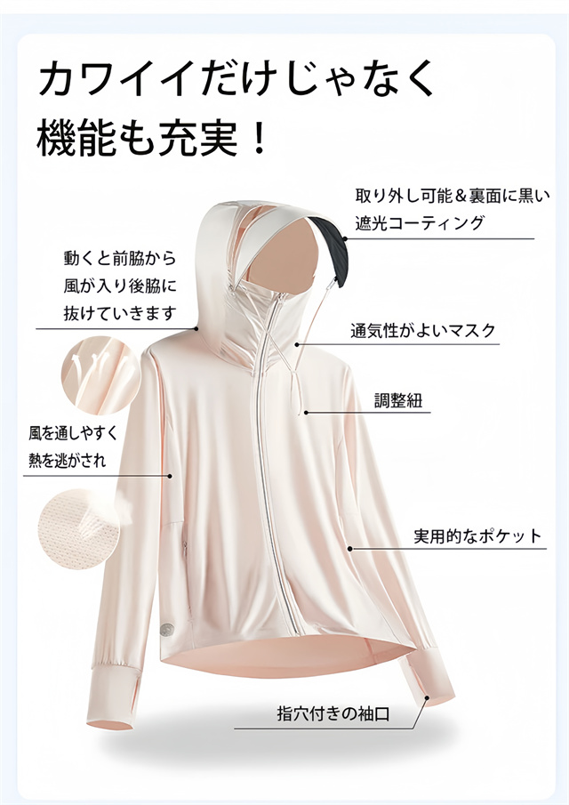 UV パーカー 冷感 -7℃ レディース 長袖 ラッシュガード UVカット アウター メッシュ 素材 通気口 指穴 つば 取り外し 顎紐 サンバイザー 日焼け防止 服 大きいサイズ トップス 体型カバー 薄手 吸湿 速乾 シャリ感 紫外線対策 M-4XL 男女兼用