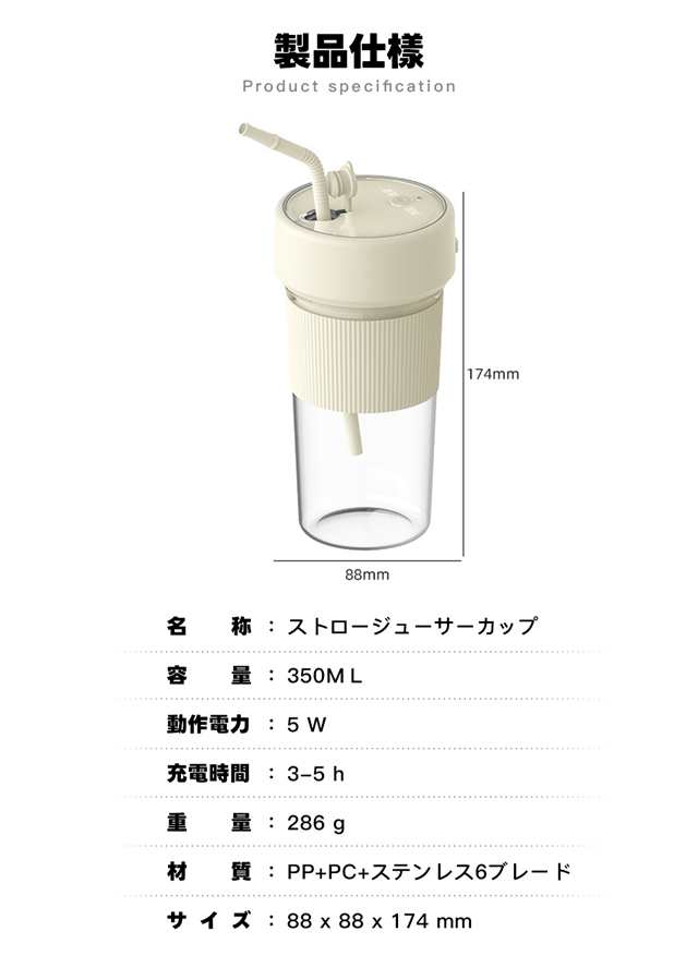 ミキサー 充電式 コンパクト USB充電 350ml コードレス ポータブルミキサー 小型 スムージー ジュース ジューサー ブレンダー 洗える 持