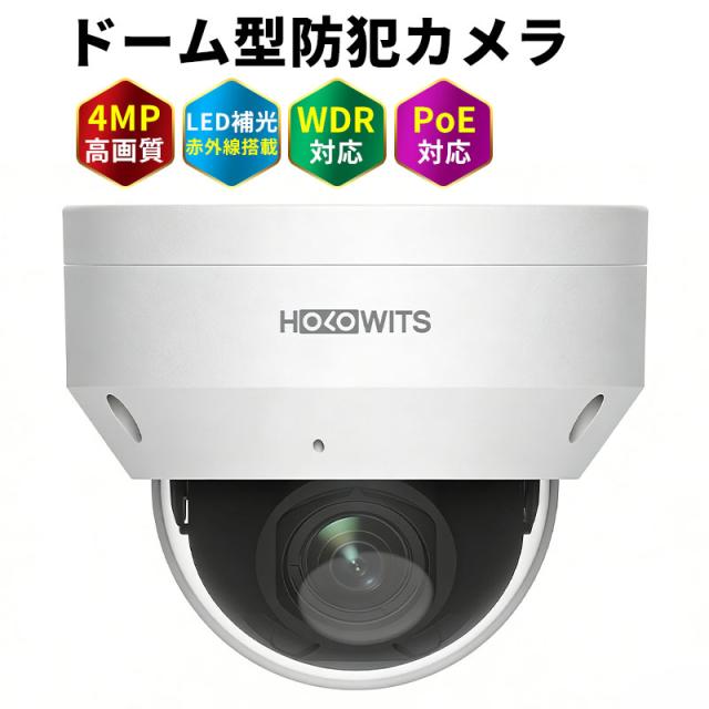 4MP 高画質 ドーム型防犯カメラ 屋内/屋外 2.8mm広角レンズ・WDR対応・PoE給電 防水防塵 動体/人体検知 LED補光・赤外線搭載 マイク内蔵 microSD対応 宅配便送料無料