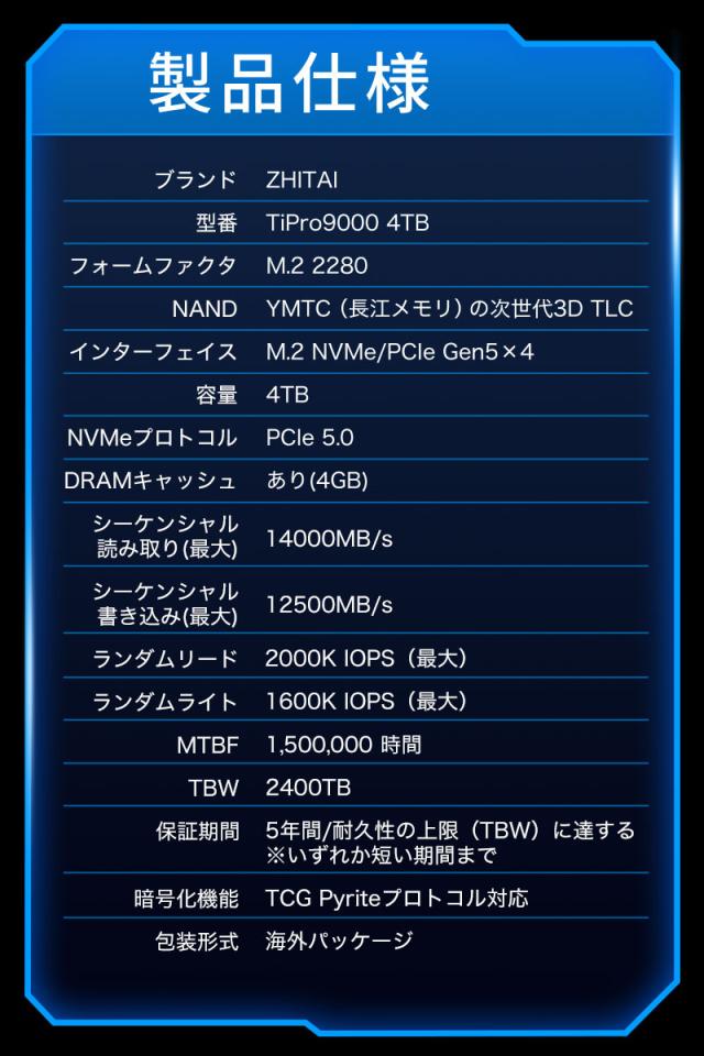 YMTC ZHITAI 4TB 内蔵SSD NVMe M.2 2280 R:14000MB/s W:12500MB/s PCIe 5.0 3D NAND TLC TiPro9000 ヒートシンク付属 PS5対応 5年保証 宅配便送料無料 並行輸入品_9