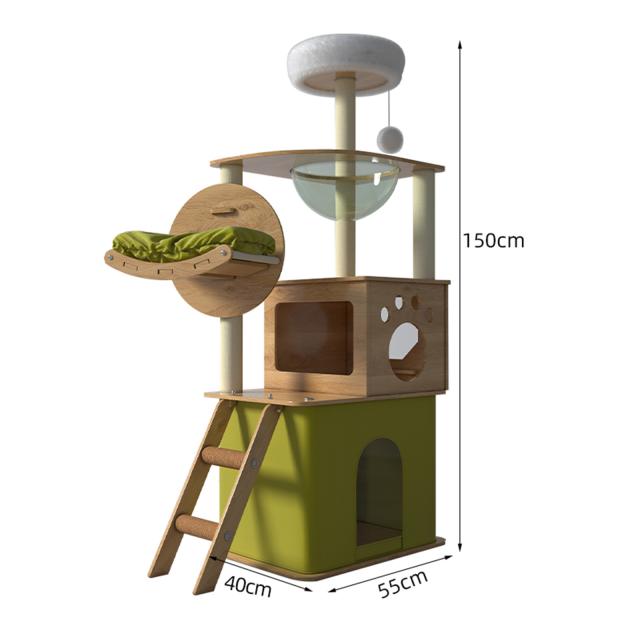 キャットタワー 据え置き型 高さ150cm 天然麻紐 宇宙船 スリム 爪とぎポール 見晴台 多頭飼い 運動不足解消 丸角設計 省スペース 木製 高い安定性 y21