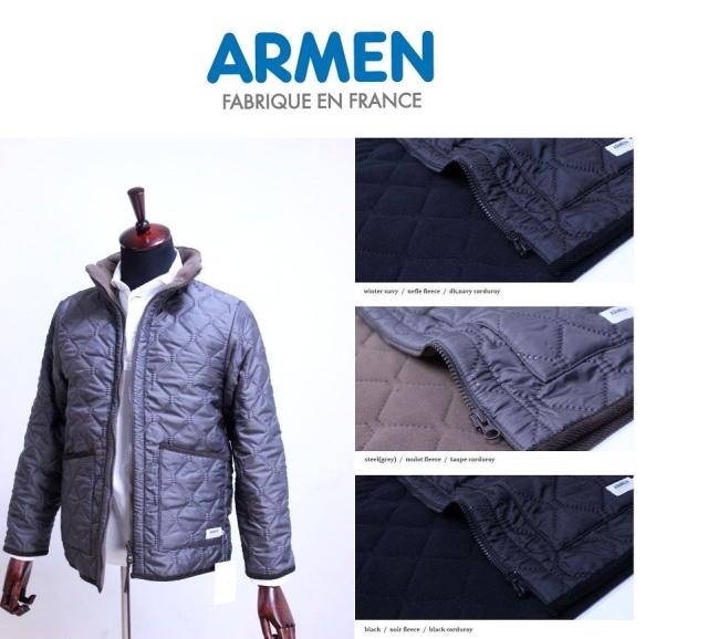 SALE30%OFF 2023秋冬入荷 Armen アーメン REVERSIBLE HIGH-NECK ZIP JKT NAM9977 定番 キルティング ジャケット メンズ