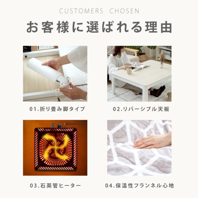 ★P5倍＆10%OFFクーポン対象商品★速暖2秒！こたつ 折りたたみ 正方形 ヒーターユニット 折れ脚こたつ 75ｘ75cm 純綿掛布団 北欧柄 2点セット セット こたつ布団 手元スイッチ付 コタツ テーブル リビングテーブル 北欧 かわいい 天板 uv塗装 座卓 送料無料 ktc7575-pt