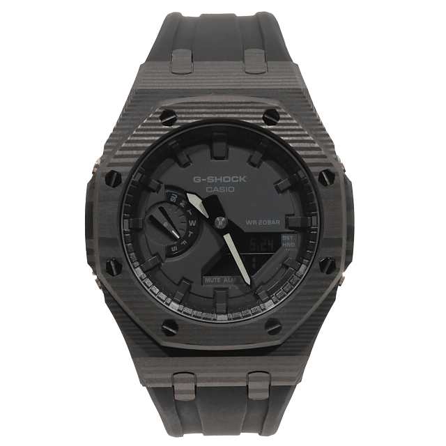 G-SHOCK GA2100 カスタム ブラックカーボン仕様 BLACKOUT ラバーバンド カシオーク ブラックベルト CARBON バタフライバックル