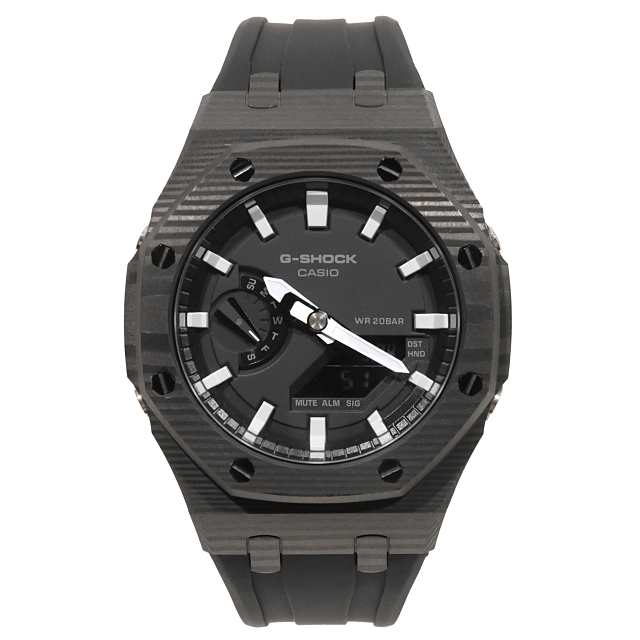 G-SHOCK GA2100 カスタム ブラックカーボン仕様 ラバーバンド カシオーク ブラックベルト CARBON バタフライバックル プレゼント ギフト