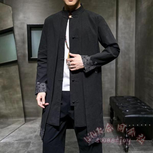 メンズチャイナ風ロングジャケット漢服カンフーウェアKNK(株）スタンドカラー長袖の中華風カーディガン/スプリングコートで男性用チャイナ服スタイル