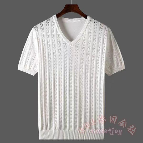 メンズ冷感サマーニット半袖VネックKNK(株）無地Tシャツ風サマーセーターでケーブルニットのカットソートップスとして涼しい着心地 6,607円