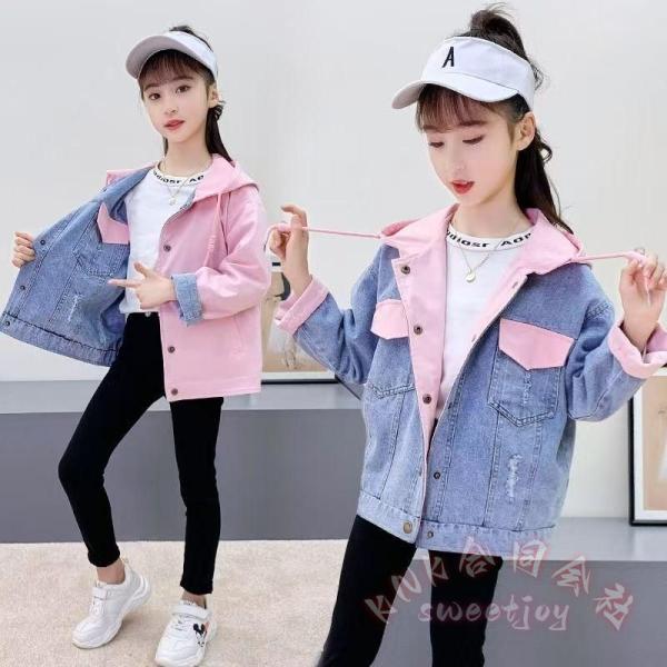 キッズ女の子フード付きデニムジャケットKNK(株）春秋コートのアウターとして韓国子供服風ジュニアおしゃれ可愛いカジュアル新品