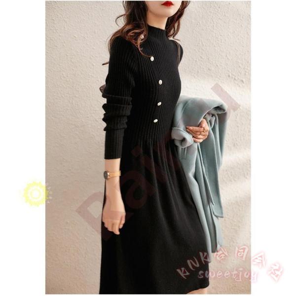 40代向けパール付き無地ニットワンピースKNK(株）秋冬長袖でロング丈フレアスカートの上品韓国風大人ワンピ＆ニットインナーにも