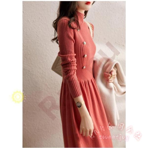 40代向けパール付き無地ニットワンピースKNK(株）秋冬長袖でロング丈フレアスカートの上品韓国風大人ワンピ＆ニットインナーにも