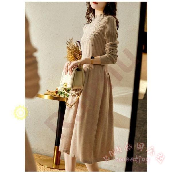 40代向けパール付き無地ニットワンピースKNK(株）秋冬長袖でロング丈フレアスカートの上品韓国風大人ワンピ＆ニットインナーにも