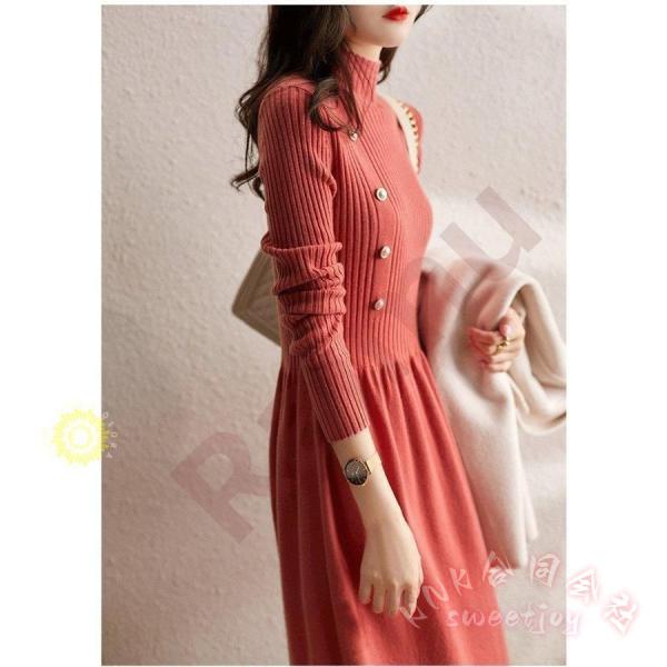 40代向けパール付き無地ニットワンピースKNK(株）秋冬長袖でロング丈フレアスカートの上品韓国風大人ワンピ＆ニットインナーにも