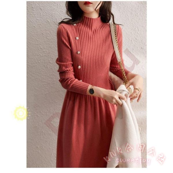 40代向けパール付き無地ニットワンピースKNK(株）秋冬長袖でロング丈フレアスカートの上品韓国風大人ワンピ＆ニットインナーにも