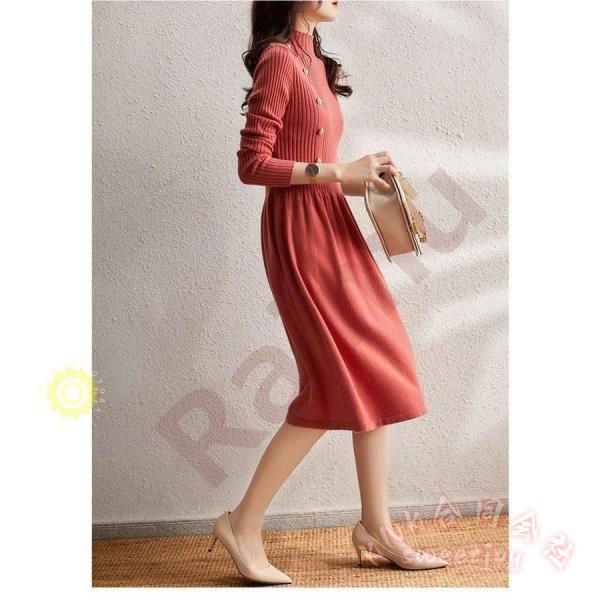 40代向けパール付き無地ニットワンピースKNK(株）秋冬長袖でロング丈フレアスカートの上品韓国風大人ワンピ＆ニットインナーにも