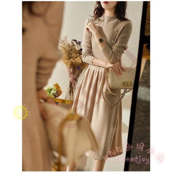 40代向けパール付き無地ニットワンピースKNK(株）秋冬長袖でロング丈フレアスカートの上品韓国風大人ワンピ＆ニットインナーにも