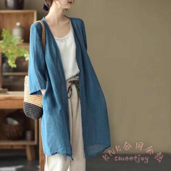 綿麻コットンリネンロングカーディガンKNK(株）夏の紫外線対策＆冷房対策に薄手ゆったり体型カバーできる長袖オフィス羽織り