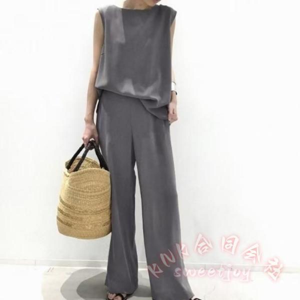 レディース夏春ノースリーブトップス＋ワイドパンツセットアップKNK(株）無地きれいめカジュアルで体型カバー＆着痩せの上下セット