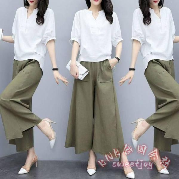セットアップレディース カジュアル夏40代きれいめ大きいサイズブラウス半袖綿麻ガウチョパンツウェストゴム通勤おしゃれ大人上品着痩せ新品 KNK ゆったり人気