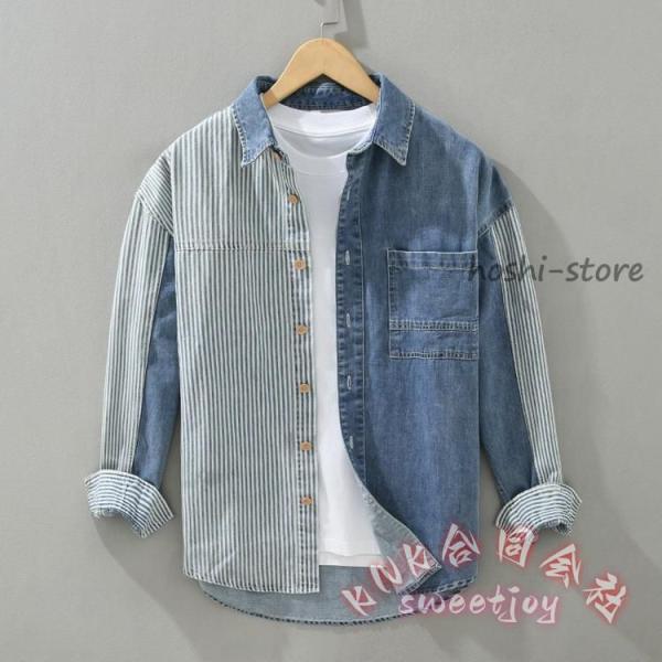 デニムシャツ メンズ ダンガリー ストライプ切り替え KNK(株） カジュアルシャツ トップス 春服 春物 羽織り おしゃれ こなれ感 アメカジ コーデに_2