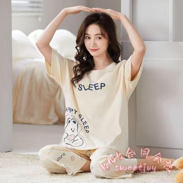 パジャマレディース 半袖長ズボン綿100%Tシャツカップ付きパッド付き7分パンツ可愛い柄水玉ストライプ夏ルームウェア KNK(株） 涼しく快適 夏人気パジャマ