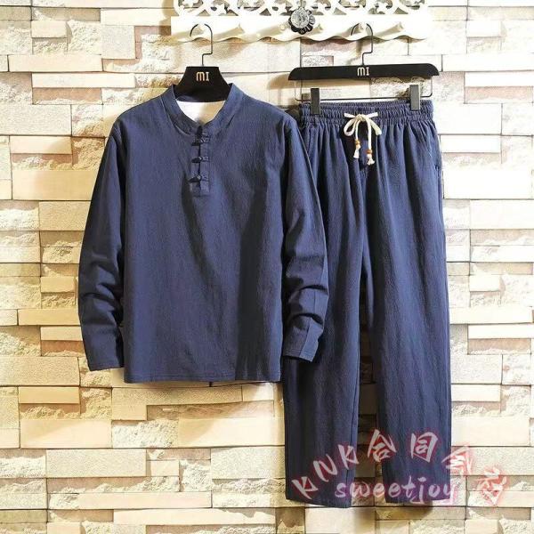 セットアップ メンズ 春秋 薄手 綿麻リネン ルームウェア 上下 KNK(株） ゆったり 長袖Ｔシャツ＋ロングパンツ 部屋着 リラックス おしゃれ