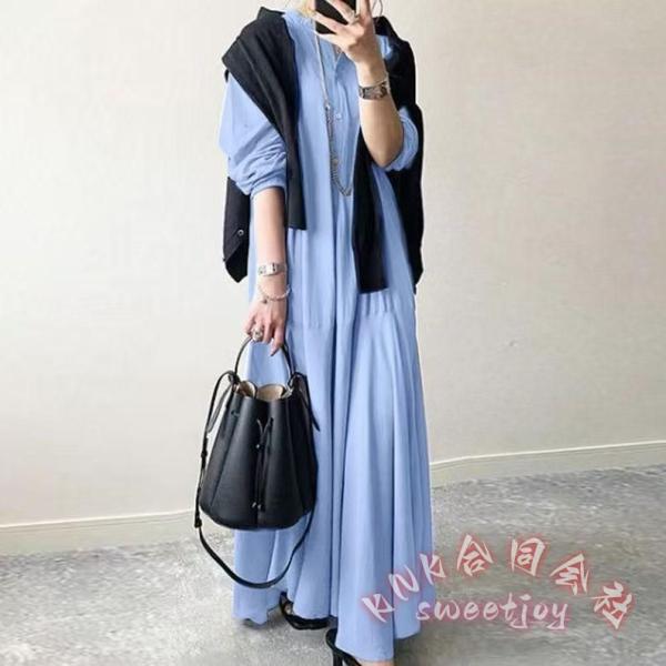 シャツワンピース レディース 長袖 ロング フレア 体型カバー KNK(株） ミモレ丈 通勤ＯＬ オフィス 黒 ブラック ２０代３０代４０代５０代 春物 上品